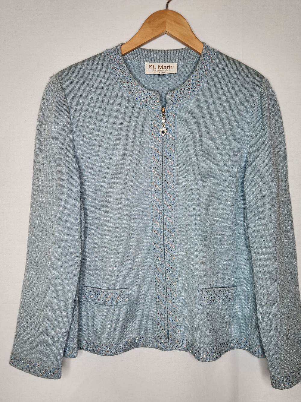 Sky Blue Zip-Front Knit Cardigan